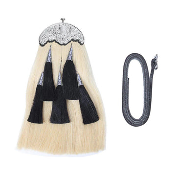 Original Horse Hair Sporran White Body With 5 Black Tassels Thistle Cones And Cantel